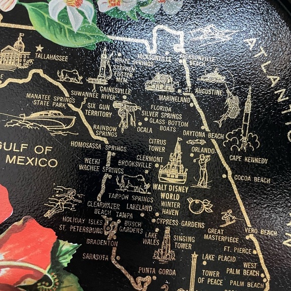 Vintage Map Of Florida Souvenir Tray Decorative Metal Hibiscus Flower - Picture 11 of 11